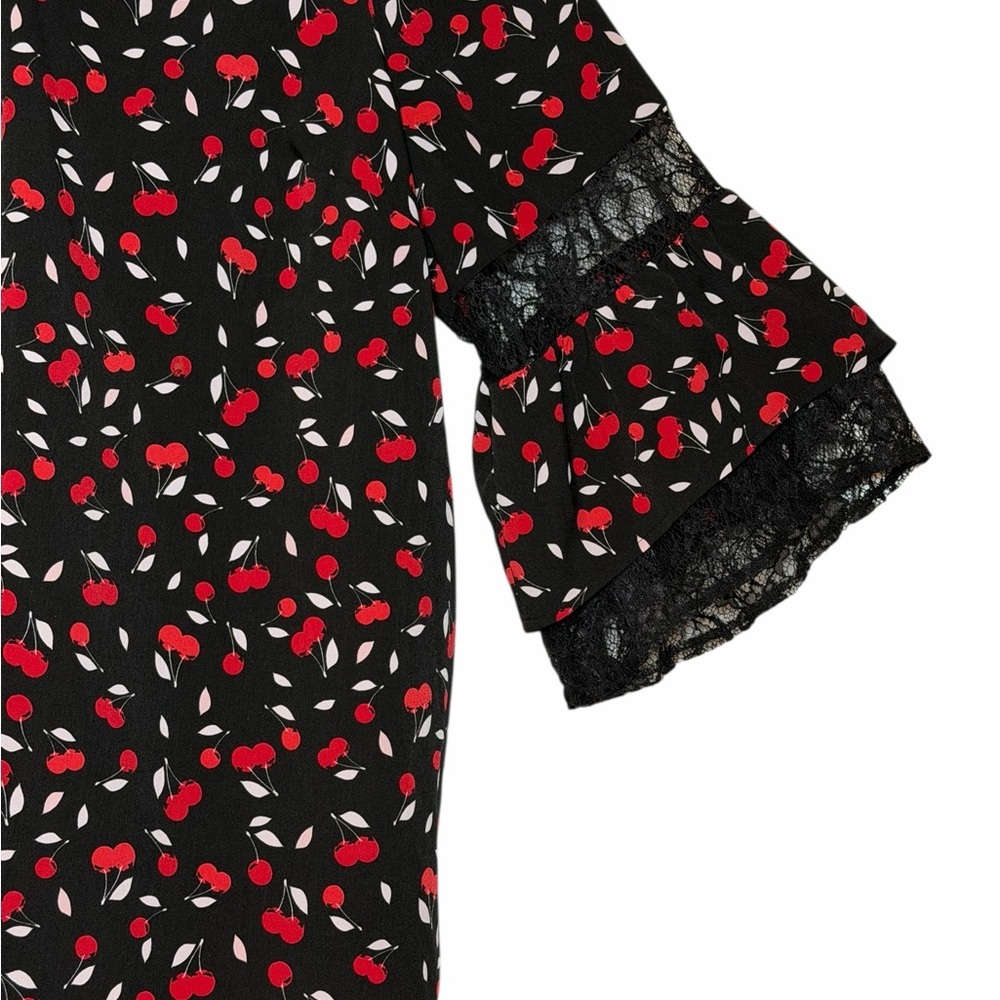Lane Bryant Black and Red Cherry Print Top Lace Ruffle 3/4 sleeve size 14/16 - Picture 4 of 9